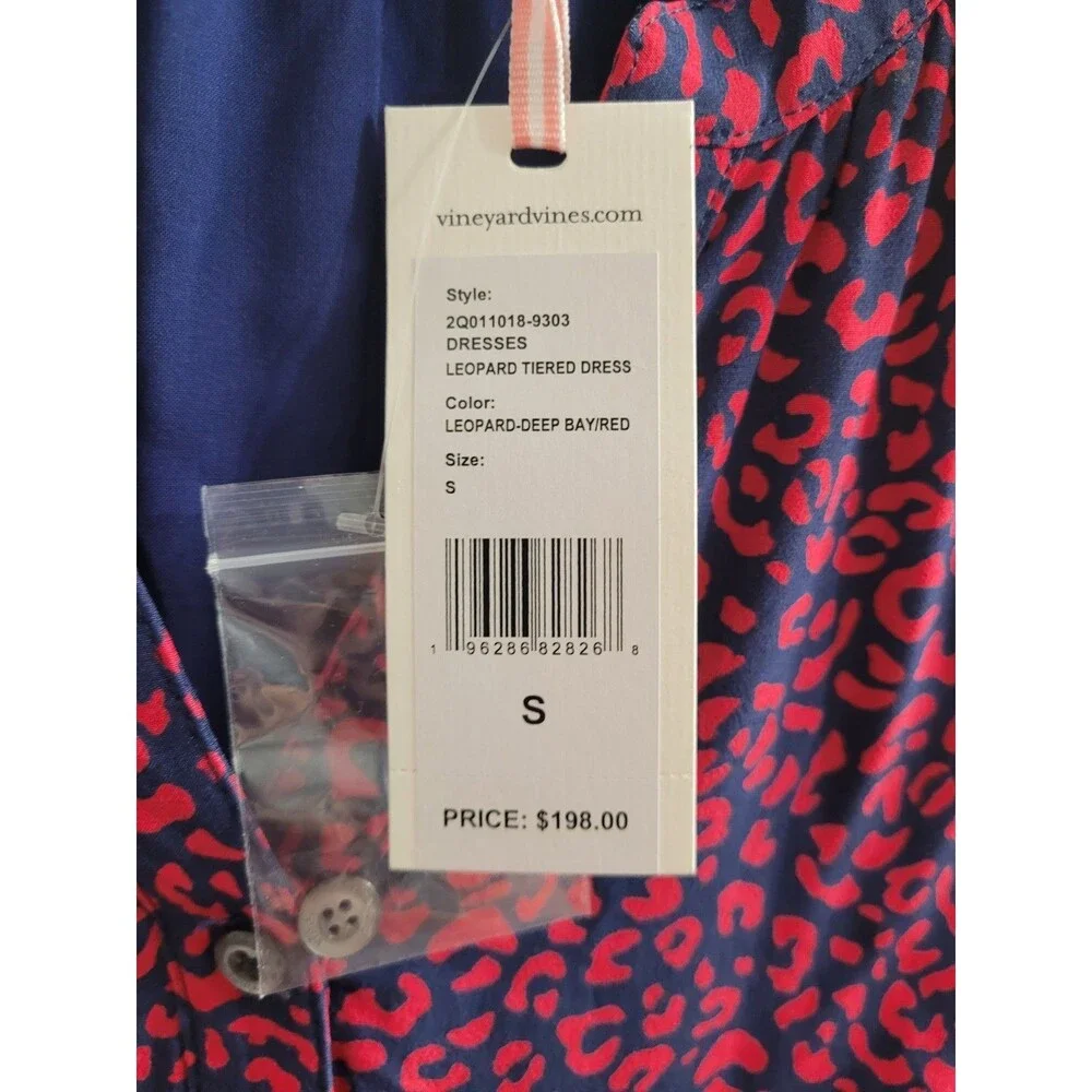 NWT Vineyard Vines Leopard Tiered Dress Small Deep Bay Red Blue Lined Viscose - Picture 4 of 8